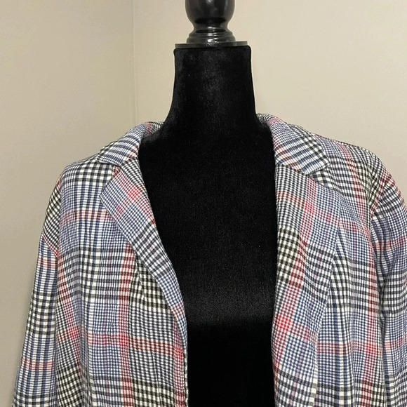 J. Jill Plaid Oversized Longline Cotton Blazer Red, White,‎ and Blue - Picture 2 of 12
